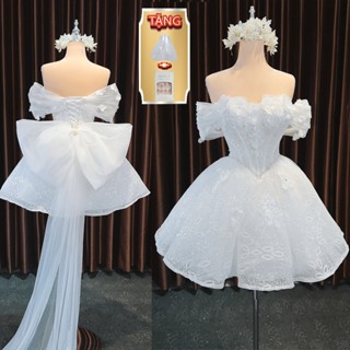 váy cưới NEW cô dâu ngắn đi bàn dáng cúp ngang gối có đuôi nơ voan, dáng xòe tay trễ vai ngang 291