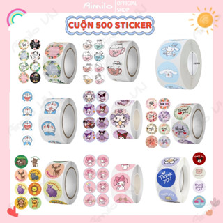 Cuộn 500 miếng dán hoạt hình ngộ nghĩnh, tem dán sticker thank you gói hàng, phụ kiện quà tặng