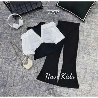 Set áo sơ mi trễ vai phối quần loe bé gái và mẹ phong cách tiểu thư cá tính, tôn dáng. phù hợp đi dạo, đi chơi