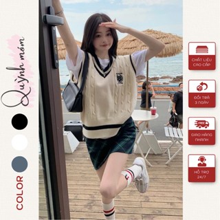  Áo Gile Nữ Cổ V Chất Len Thừng Dày Dặn Gile Len Nữ Thêu Logo Phong Cách Hàn Quốc 