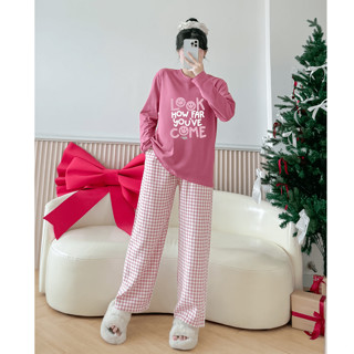 Set đồ bộ tay dài nữ mặc nhà thời trang, Đồ bộ áo dài tay dáng rộng, quần caro dài menina