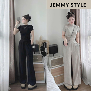  Set bộ nữ đồ bộ thu đông nữ áo ôm body cổ cao nhúm eo phối quần suông ống rộng chất len lông thỏ Jemmy Style HCOM3407 