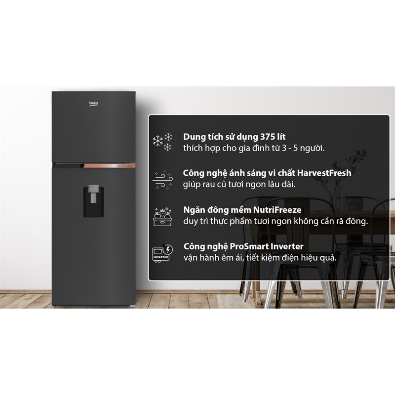 Tủ Lạnh Beko Inverter 401L RDNT401I50VDHFSK - Ngăn Đá Trên, Màu Đen, Thái Lan