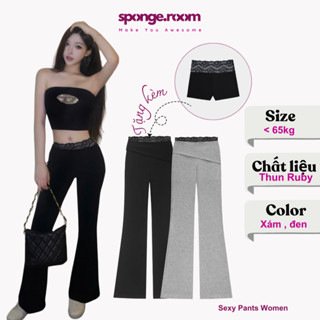 Sponge.room Quần Dài Ống Loe Nữ Phong Cách Y2K Phối Ren Cạp Trễ, Thun Ruby Mềm Mịn Nâng Vòng 3 Kèm Quần bảo Hộ Ren
