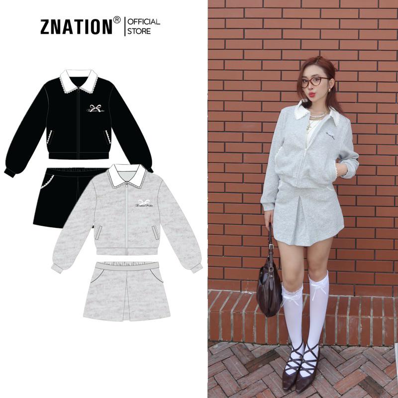 ÁO KHOÁC-CHÂN VÁY NỈ BOW EMBROIDER SET ZNATION NỮ THÊU NƠ PHỐI REN
