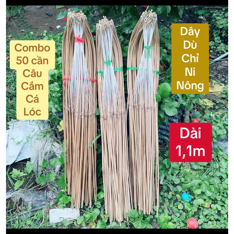 Combo 50 cần câu cắm cá lóc loại dài 1,1 met, lưỡi ó số 8 chống quát cong, dây dù chỉ nilon độ 9 Fis