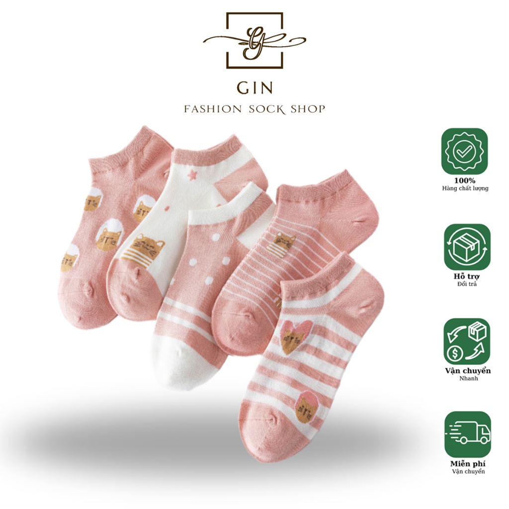 GIN -  Tất vớ nữ ngắn cổ cotton co giãn màu hồng [CN.05-05]
