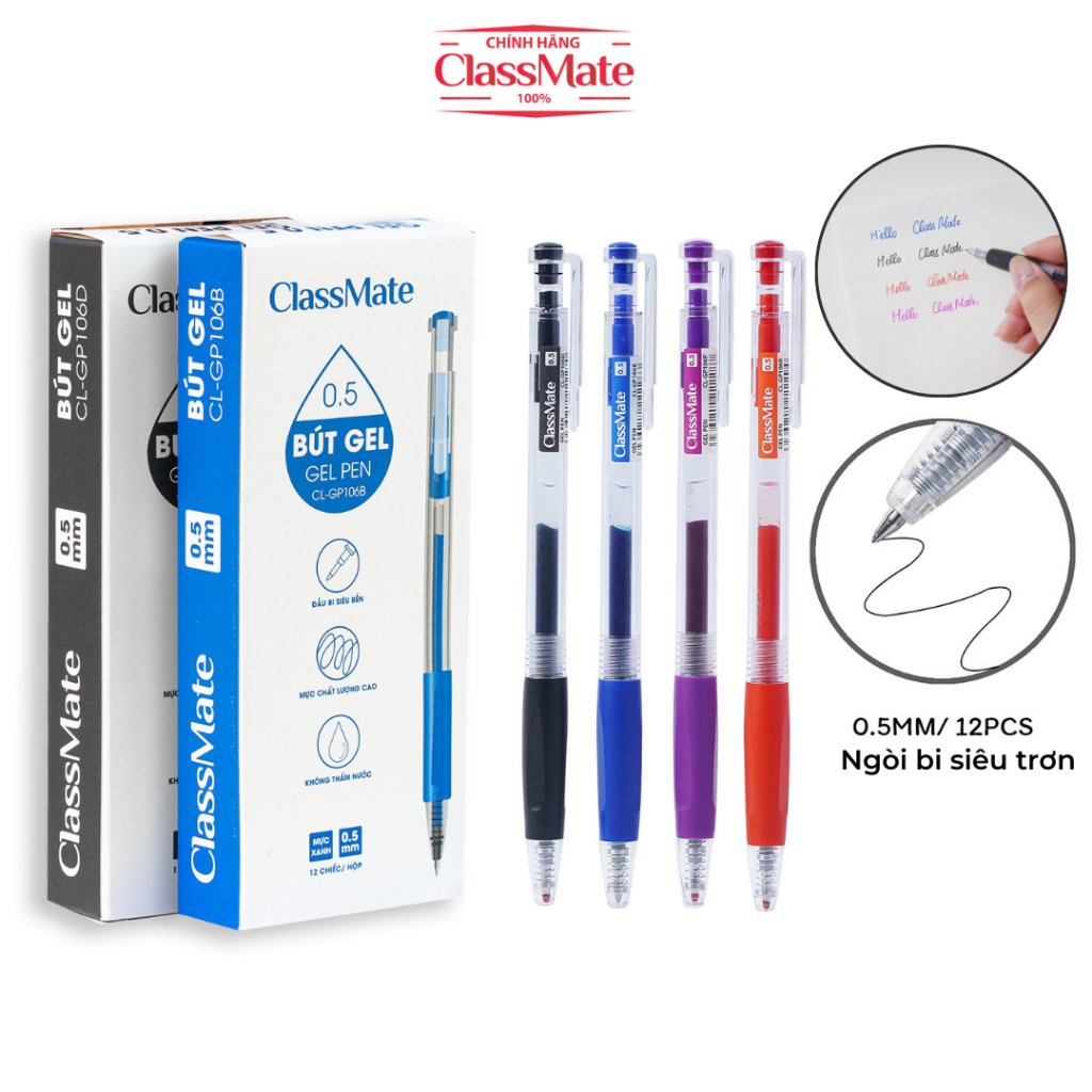 Hộp 12 Bút Bi CLASSMATE Ngòi 0.5mm, Bút Gel Mực Nước Xanh Đen Đỏ Tím Viết Siêu Trơn Có Ngòi Thay CL-