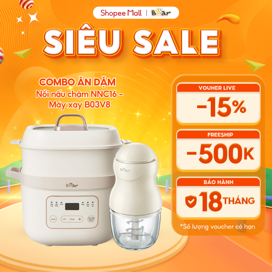 Combo Nồi Nấu Cháo 1,6L Bear NNC16 Và Máy Xay Ăn Dặm 0,3L B03V8 8 Lưỡi Mini Cầm Tay Xay Cháo Nhuyễn Hâm Ninh Tiêt Kiệm