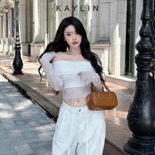 Áo kiểu KAYLIN trễ vai form croptop chất vải thun lụa phối ren họa tiết phong cách cá tính - N2332