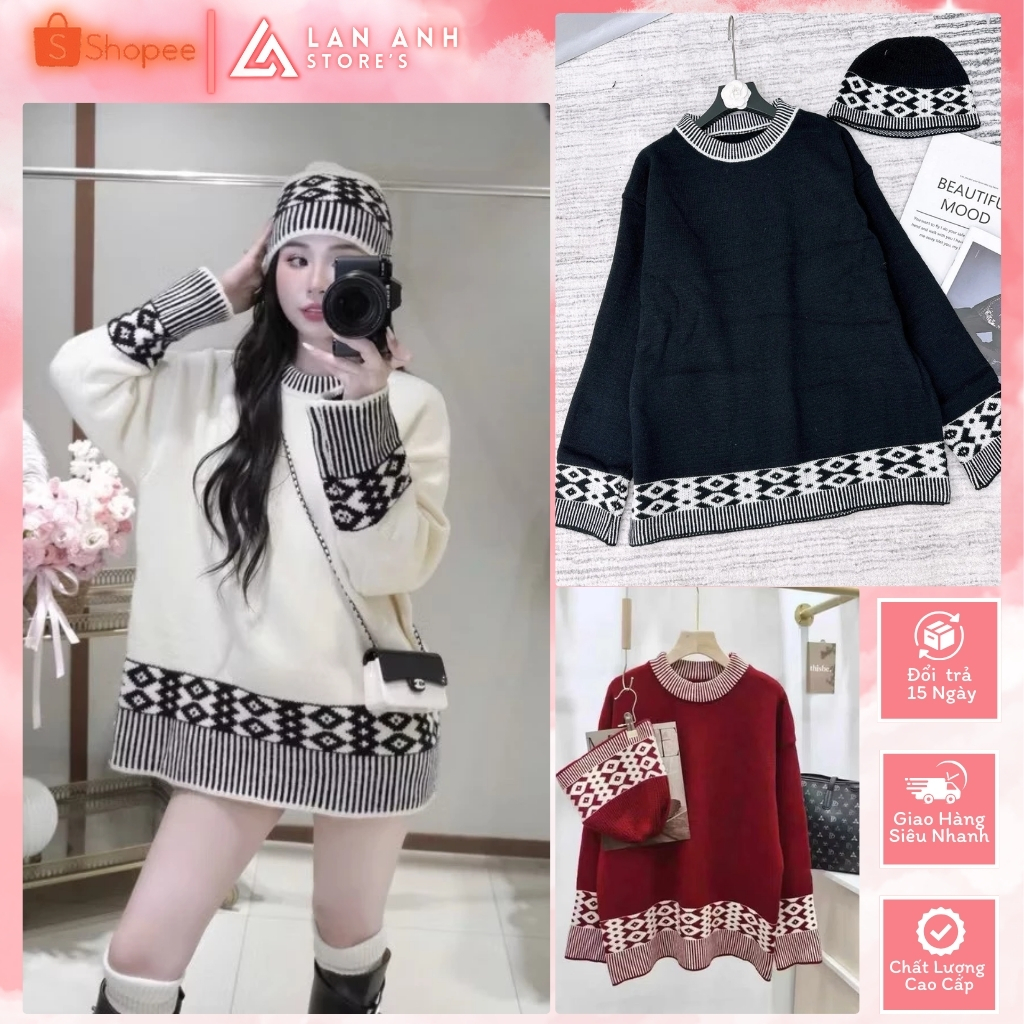 Áo Len Nữ Bản Dệt Họa Tiết Siêu Xinh Dày Dặn Loại 1_Tặng Kèm Mũ Xinh XỈu