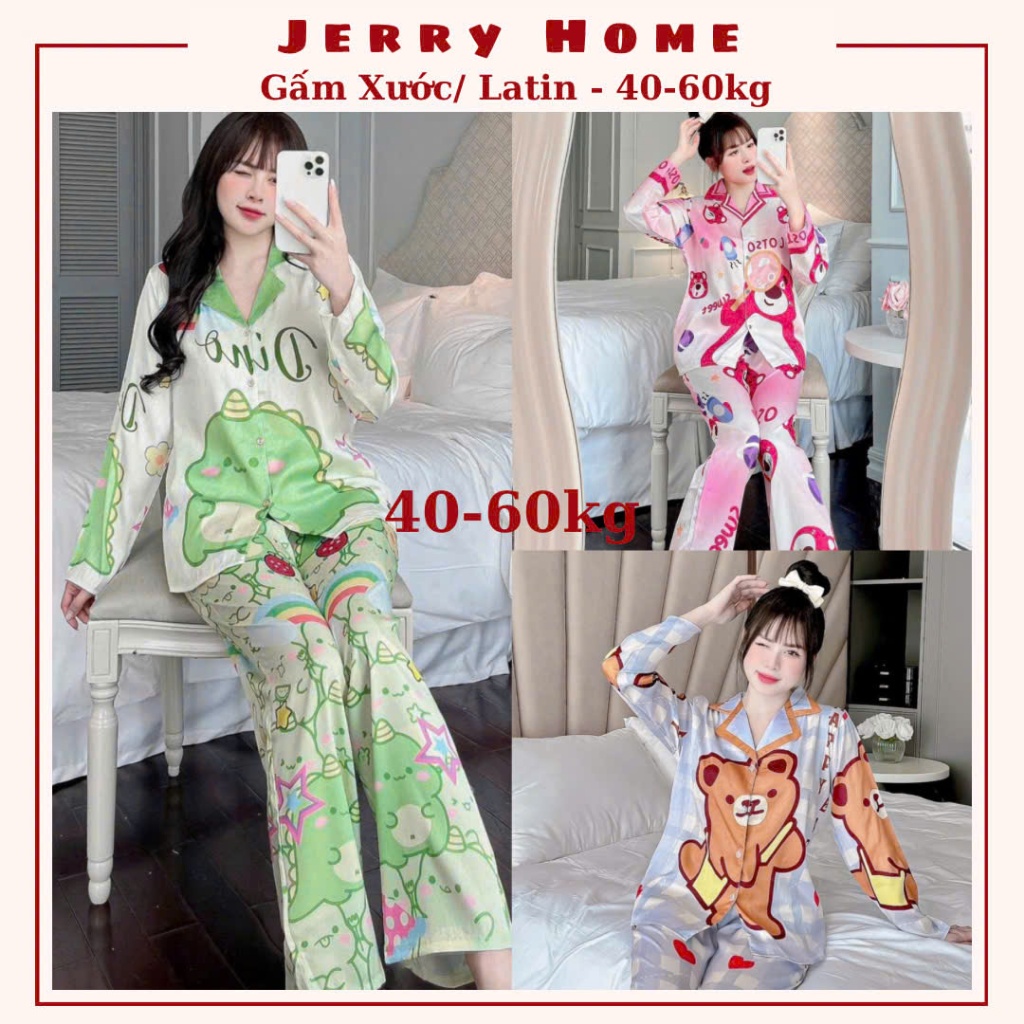Đồ Bộ Nữ 40-60kg, Pijama Nữ Mặc Ngủ Tay Dài Chất Liệu Gấm Xước Mềm, Mịn - Jerry Home