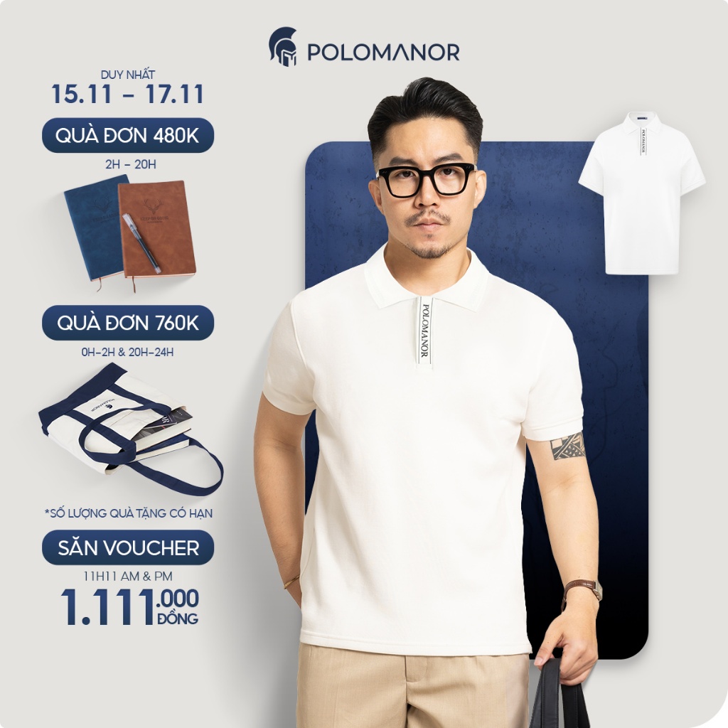 Áo polo nam trắng cao cấp DEMAN, vải cá sấu cotton interlock, thanh lịch, sang trọng - POLOMANOR