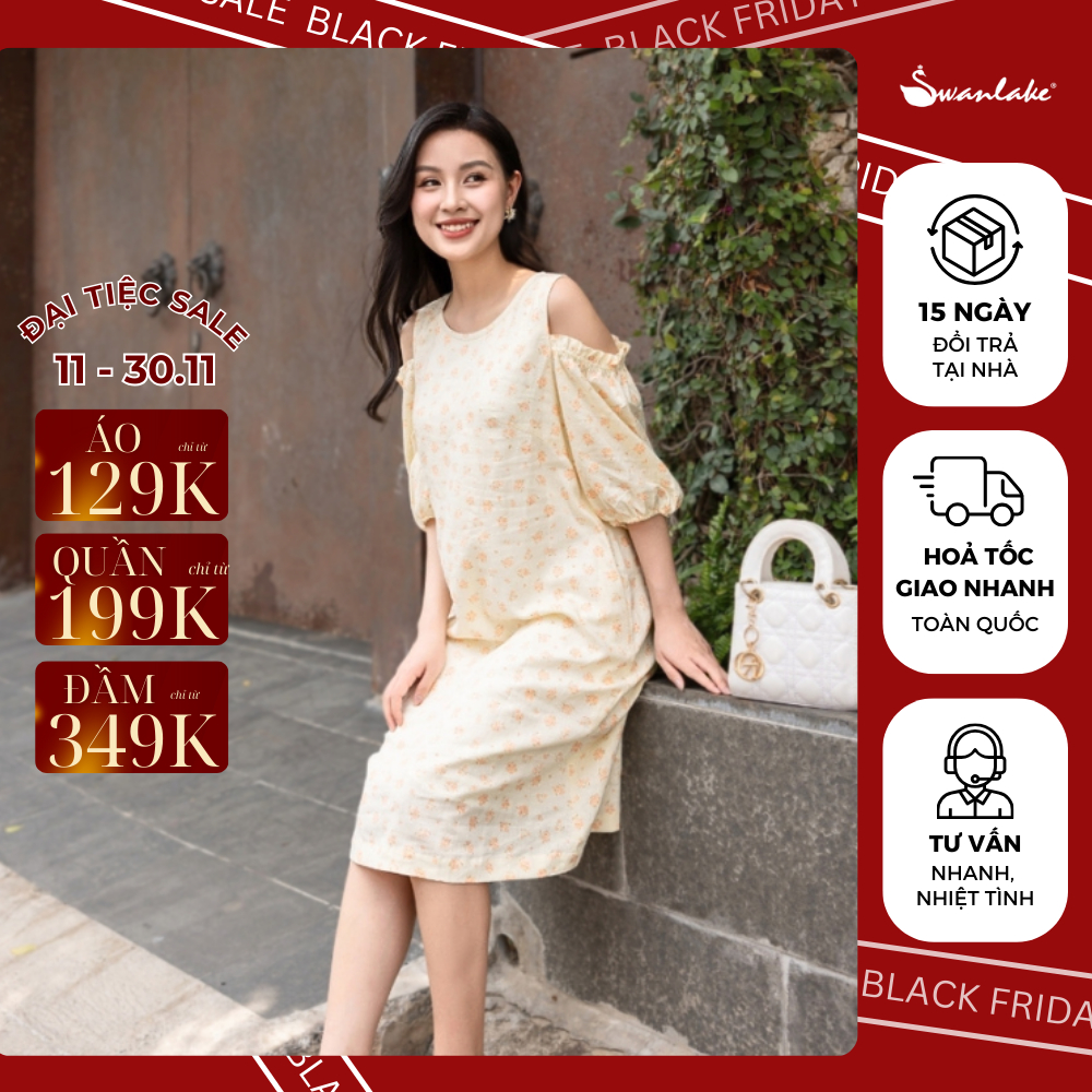SWANLAKE | Váy Đầm Suông In Họa Tiết Hoa Nhí Cổ Tròn Tay Bí Lỡ Khoét Vai Vải Linen Cao Cấp - D11500