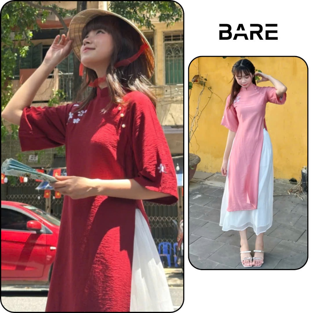 BARE_Set Áo Dài Đũi Thêu Hoa Đính Cúc Ngọc Kèm Chân Váy Dáng Dài Cạp Chun Có Quần Lụa_A427