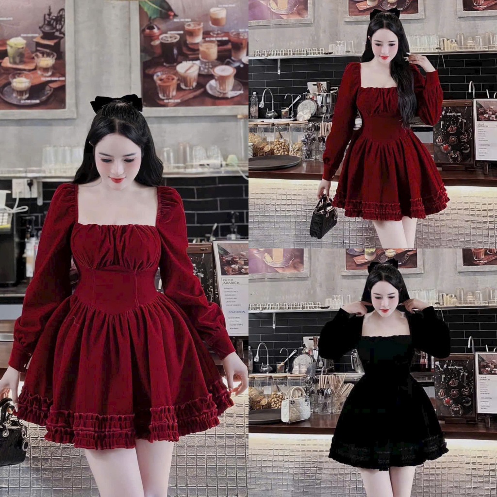 Đầm hot trend chất NHUNG nữ cao cấp cổ vuông tay dài bồng dáng váy xếp ly xòe mặc đi chơi NOEL siêu dễ thương