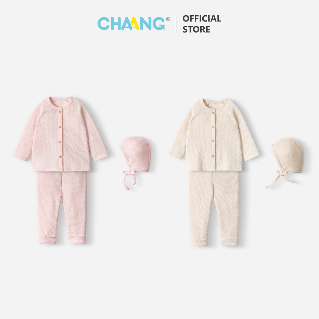 [CHAANG 0-12M] Set bộ quần áo len dài tay cúc giữa kèm mũ cho bé gái thu đông Lennie Chaang