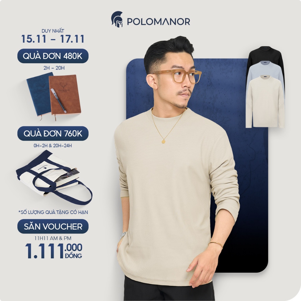 Áo thun nam tay dài cổ tròn cao cấp LIAM, BST FALL WINTER, Cotton Poly chống nhăn - POLOMANOR