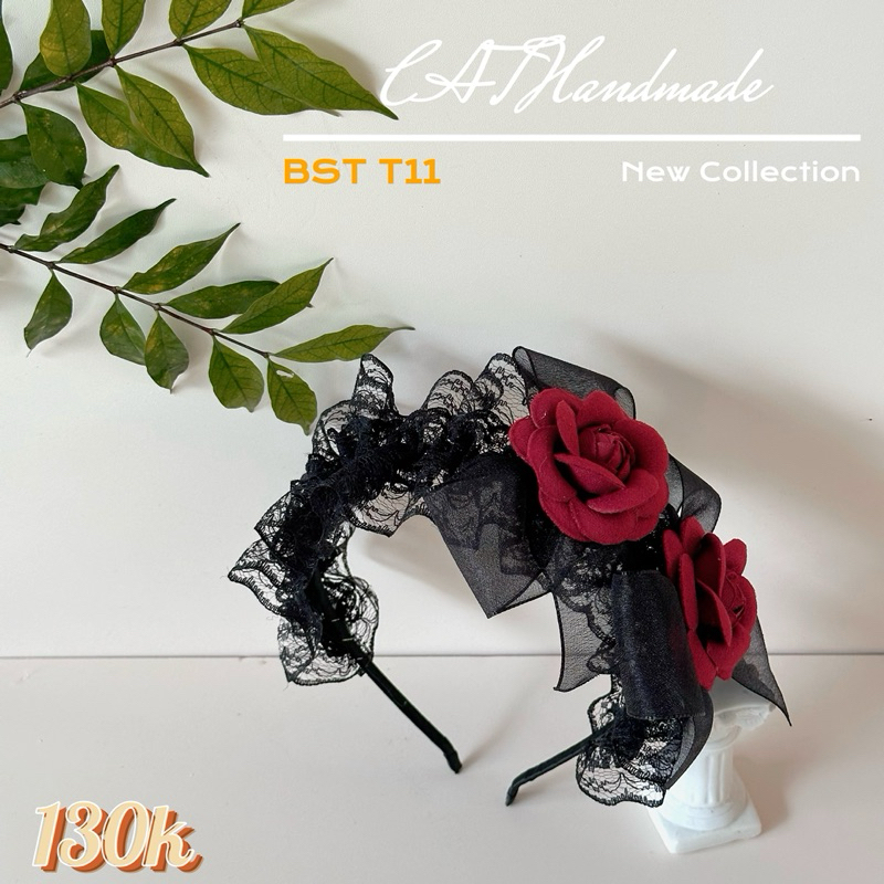 Cài,bờm lolita ren đen hoa trà đỏ by CATHandmade phụ kiện cài tóc cho bé