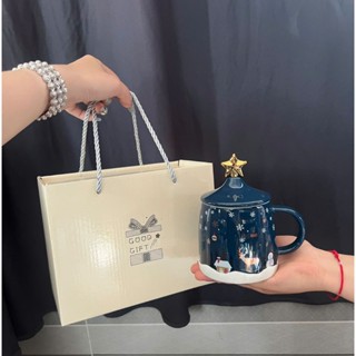  quà tặng cốc sứ  ly sứ có nắp kèm muỗng inox họa tiết giáng sinh ,nô en dung tích 400ml - Gốm sứ SH 