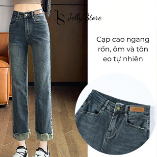 Quần Jean Nữ Ống Suông xisao Quần Bò Gấp Gấu Tua Rua D002