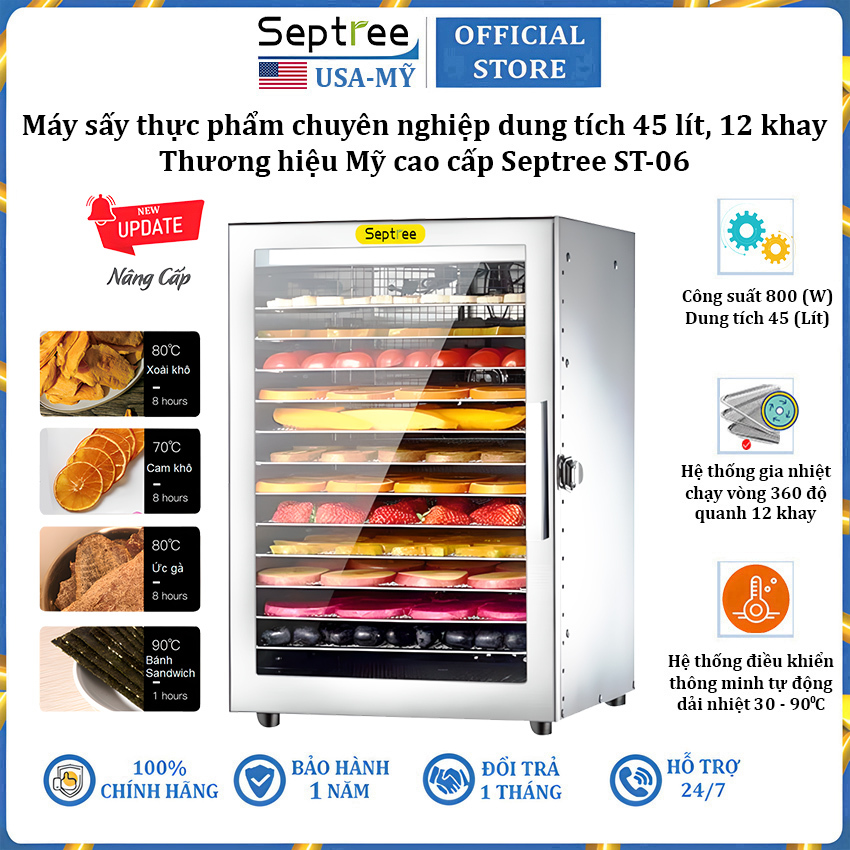 Máy sấy thực phẩm hoa quả 12 tầng thương hiệu Septree ST-06 - Dung tích 45 lít - HÀNG CHÍNH HÃNG (BH 1 NĂM)