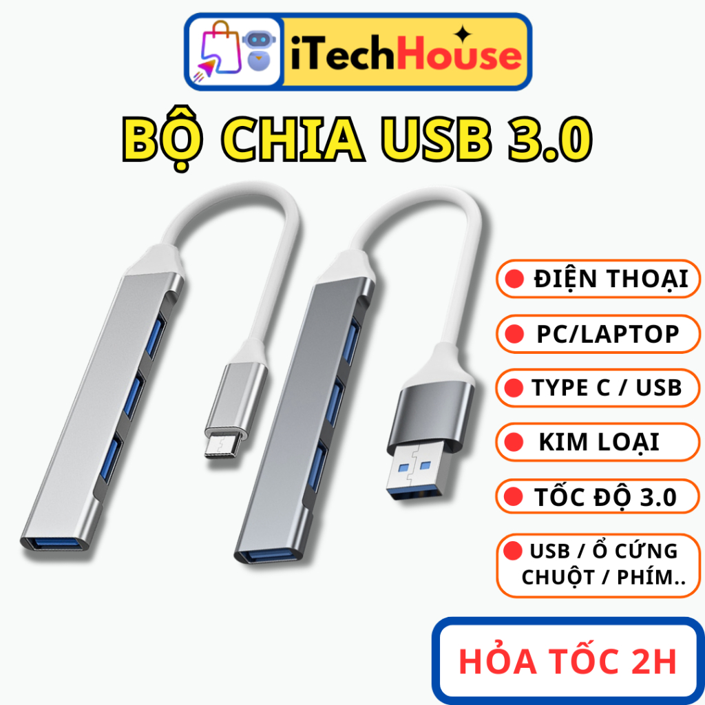 Bộ chia cổng USB Type C ra 4 cổng usb tốc độ cao,hub chia cổng type c và usb chính hãng BH 12 Tháng