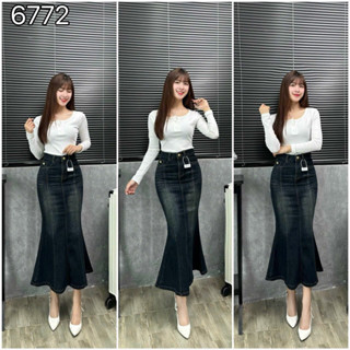 Chân váy jean đuôi cá phối viền, chân váy dáng dài 85cm đuôi cá siêu xinh