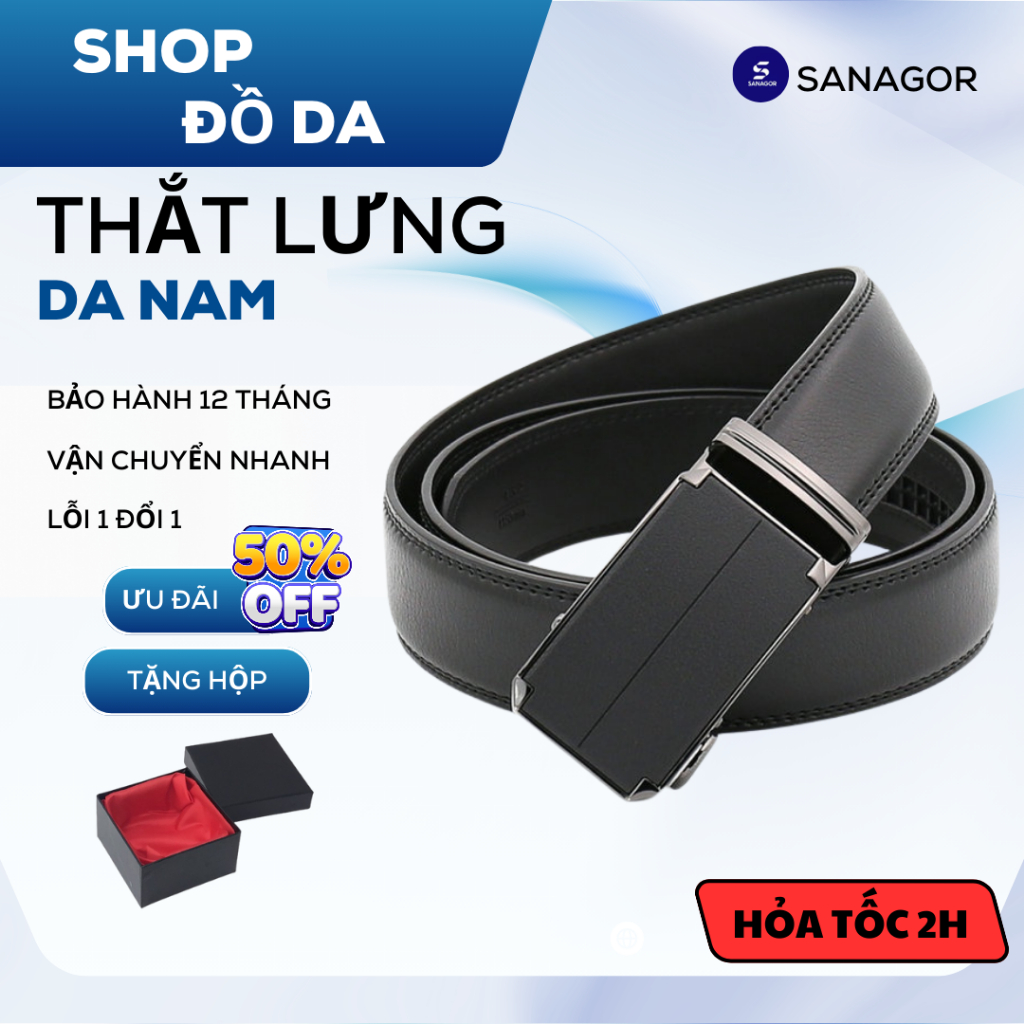 Thắt Lưng Nam Da Bò Thật Khóa Tự Động Đẳng Cấp Chính Hãng Sanagor | TL NHAM