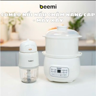(Tặng xửng hấp) Combo Nồi nấu cháo chậm Beemi 1L-1.5L và máy xay ăn dặm 8 lưỡi cho bé, nồi hầm chậm cách thủy chưng yến