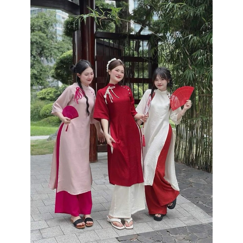 Áo dài hottrend Tết mix cúc và nơ có kèm quần