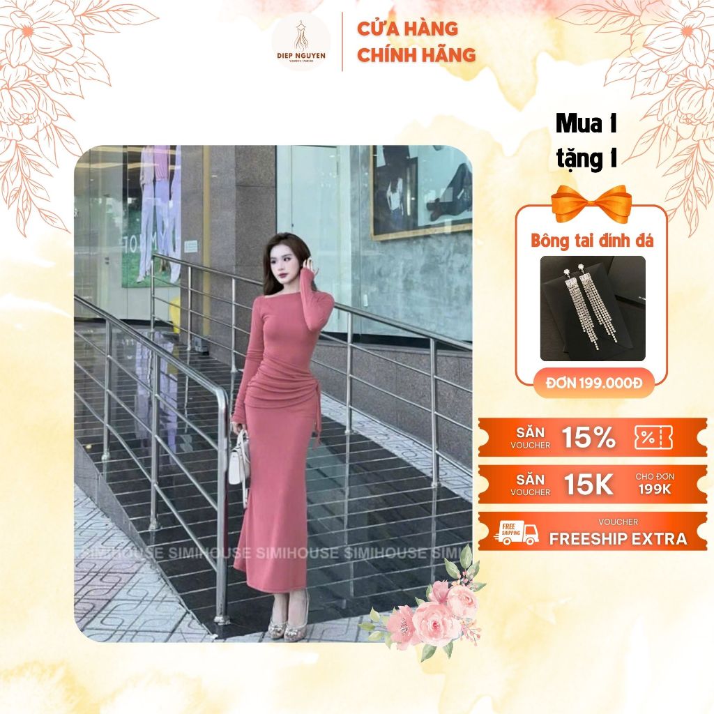 Đầm body dài tay cột tà eo thiết kế lệch vai sang trọng phù hợp đi tiệc cưới sang chảnh