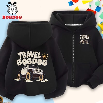 Áo khoác cho bé trai BOBDOG 2026 áo hoodie zip khóa túi chất liệu nỉ da cá mềm mại in hình ô tô