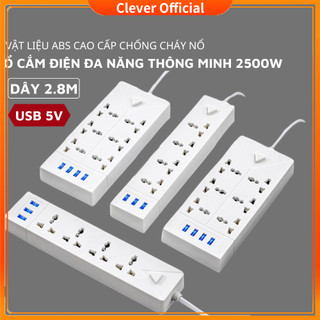 Ổ Cắm Điện Đa Năng Thông Minh Chịu Tải 2500W, Có Cổng USB 5V Sạc Nhanh, Vật Liệu Nhựa ABS Chống Cháy Nổ Dây 2,5M