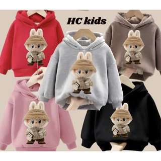 Áo nỉ Hoodie Labubu 14-45kg chất liệu nỉ bông tàu hình in labubu sắc nét cho bé trai bé gái