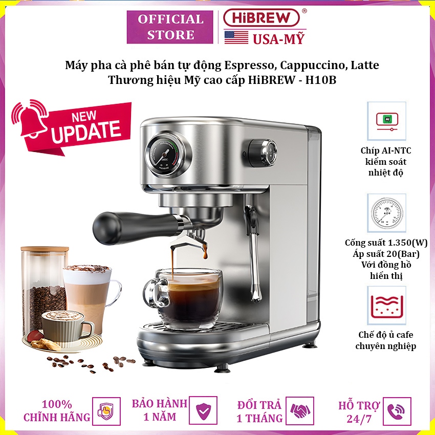 Máy pha cà phê bán tự động Espresso, Cappuccino, Latte thương hiệu HiBREW H10B - Hàng Nhập Khẩu (BH 