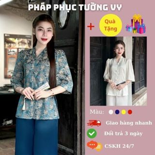 Ms11:Bộ đồ lam đi lễ chùa,bộ pháp phục cách tân chất liệu lụa gấm cao cấp với thiết kế cổ V cúc bọc,fom dáng trẻ trung