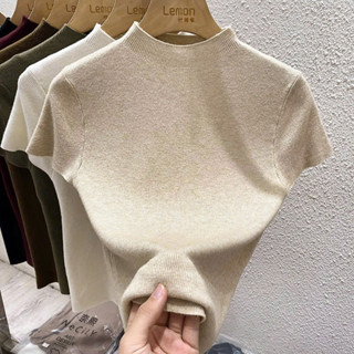 Áo len thun kiểu tay hến kiểu cổ lọ 3 phân nữ len lông thỏ siêu mềm mịn dệt kim tay ngắn hàng Quảng Châu L14 N013