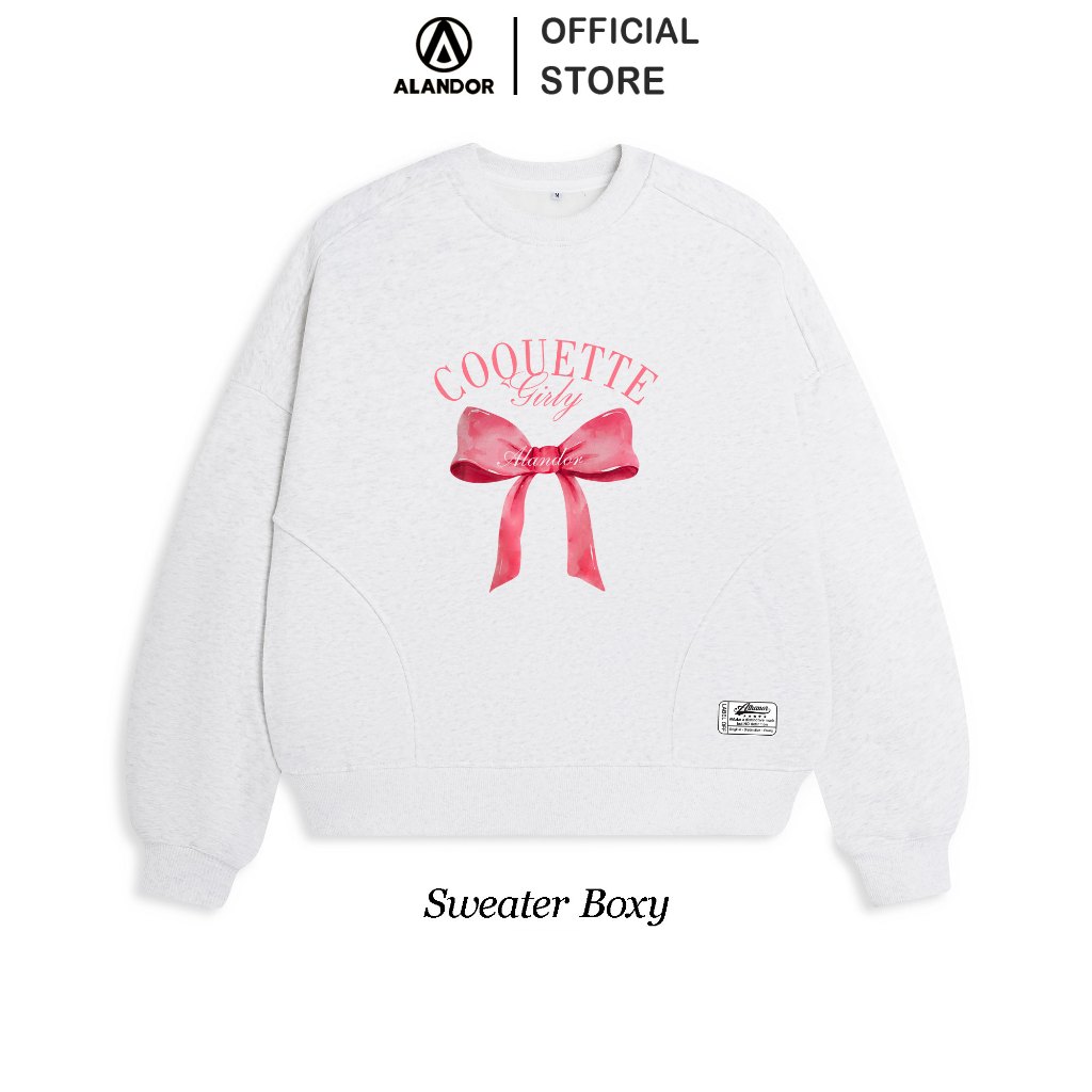 Áo Sweater Boxy ALANDOR Dáng Ngắn Tay Phồng 100% Nỉ Bông Cotton MẪU BOXY NƠ COQUET