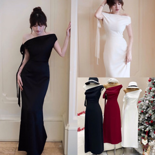 ( Chuẩn Vải L1 Có Ảnh Thật ) Đầm Váy Lụa Đi Tiệc Cột Nơ Lệch Vai Maxi Đỏ Đen Trắng Dáng Dài Sang Trọng