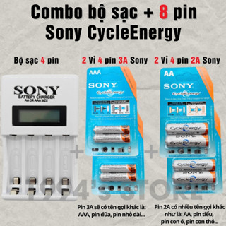 Combo bộ sạc Sony + 8 pin đũa AAA 3A hoặc 8 pin tiểu AA 2A Sony - Sạc nhanh tự ngắt khi đầy - Màn hình Led báo sạc