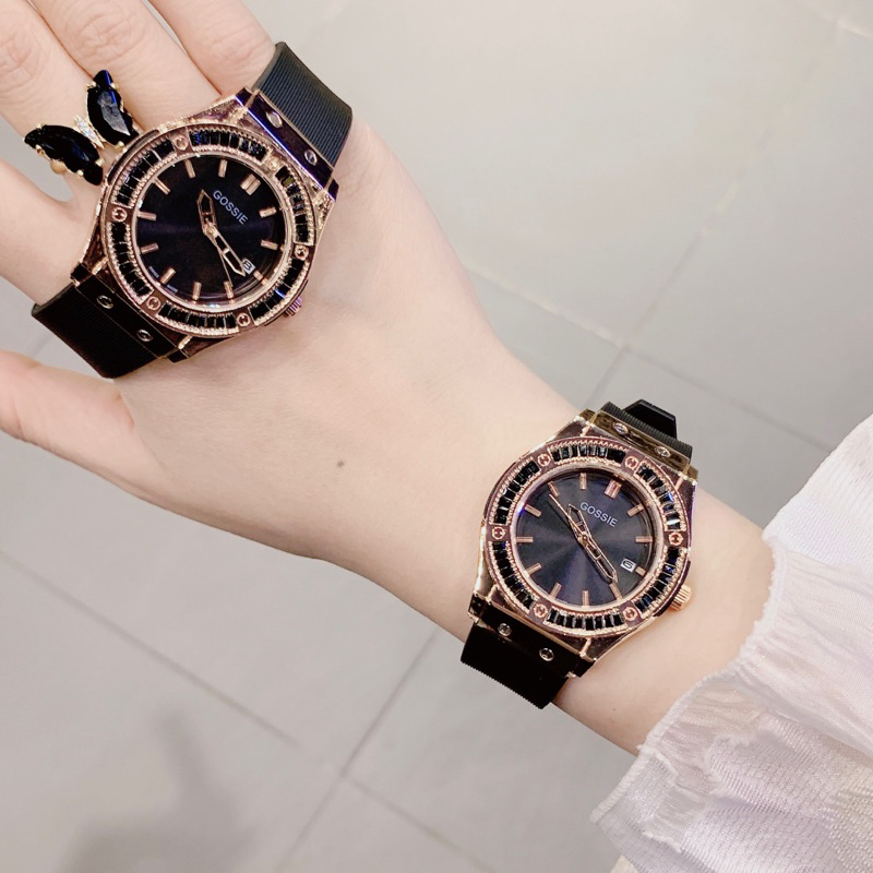 Đồng Hồ Nam Nữ Size 38mm, Dây Silicon Mặt Tròn Đính Đá Ống, Có LịCh Ngày Chống Nước 3Atm A36