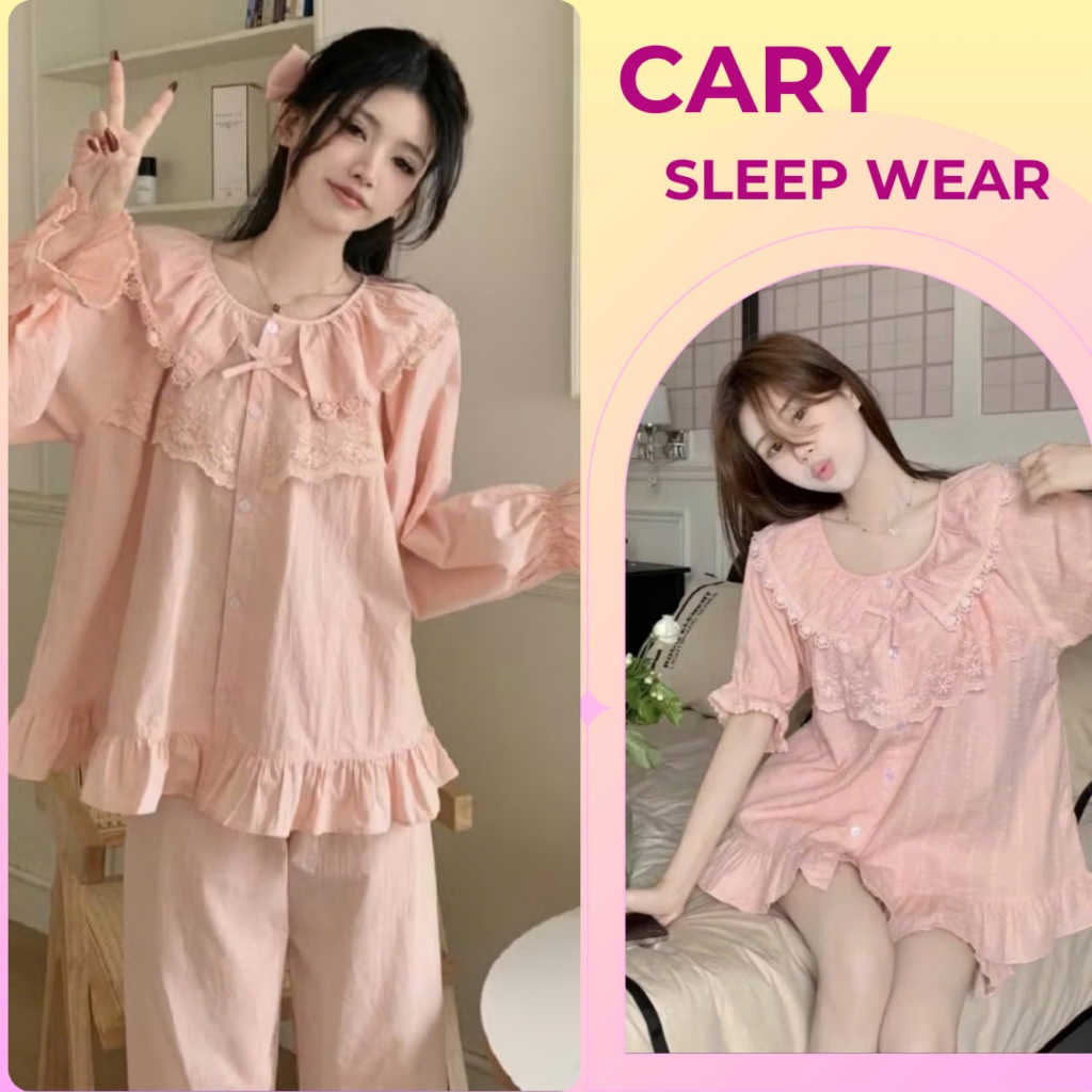 Bộ ngủ nữ tay dài tiểu thư bộ mặc nhà trơn phối bèo ren dễ thương chất đũi gân mềm dành cho nữ mùa thu đông CARY