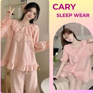 Bộ ngủ nữ tay dài tiểu thư bộ mặc nhà trơn phối bèo ren dễ thương chất đũi gân mềm dành cho nữ mùa thu đông CARY