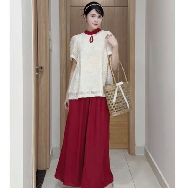 Set áo kiểu Babydoll phối cổ tàu kèm quần ống rộng cực xinh phong cách tiểu thư dễ thương cho nữ đồ tết đồ noel cực xinh