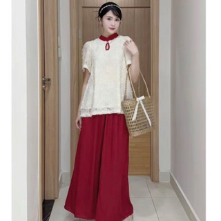 Set áo kiểu Babydoll phối cổ tàu kèm quần ống rộng cực xinh phong cách tiểu thư dễ thương cho nữ đồ tết đồ noel cực xinh