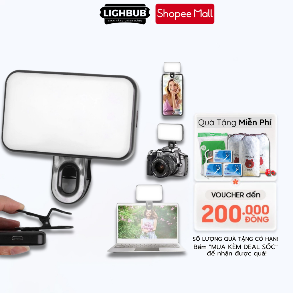 Đèn Led Selfie LIGHBULB Dạng Kẹp, Đèn Chụp Ảnh 3 Chế Độ Sáng Tùy Chỉnh Hỗ Trợ Quay Phim, Chụp Ảnh, Bảo Hành 12 Tháng