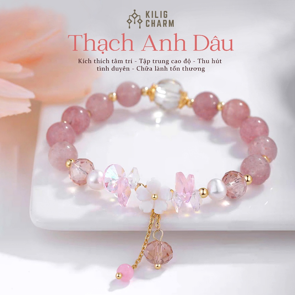 Vòng tay nữ đá thạch anh dâu charm hoa Sakura thu hút tình duyên, chữa lành KC12 - KILIG CHARM