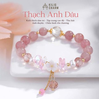 Vòng tay nữ đá thạch anh dâu charm hoa Sakura thu hút tình duyên, chữa lành KC12 - KILIG CHARM