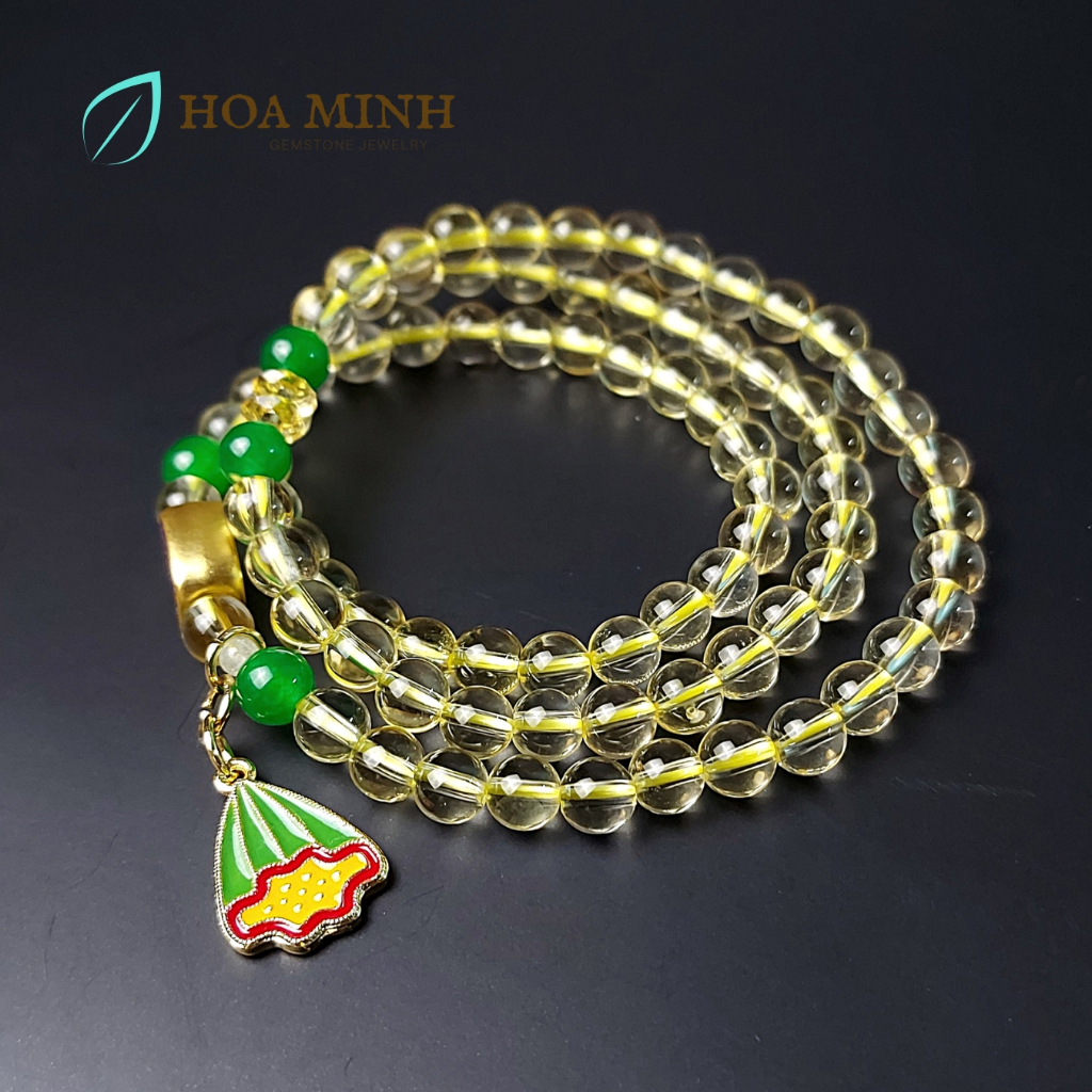 Vòng tay đá Thạch Anh Vàng 6 li quấn 3 vòng mix charm vàng, viên Thạch Anh Vàng bánh xe cắt giác, Mã